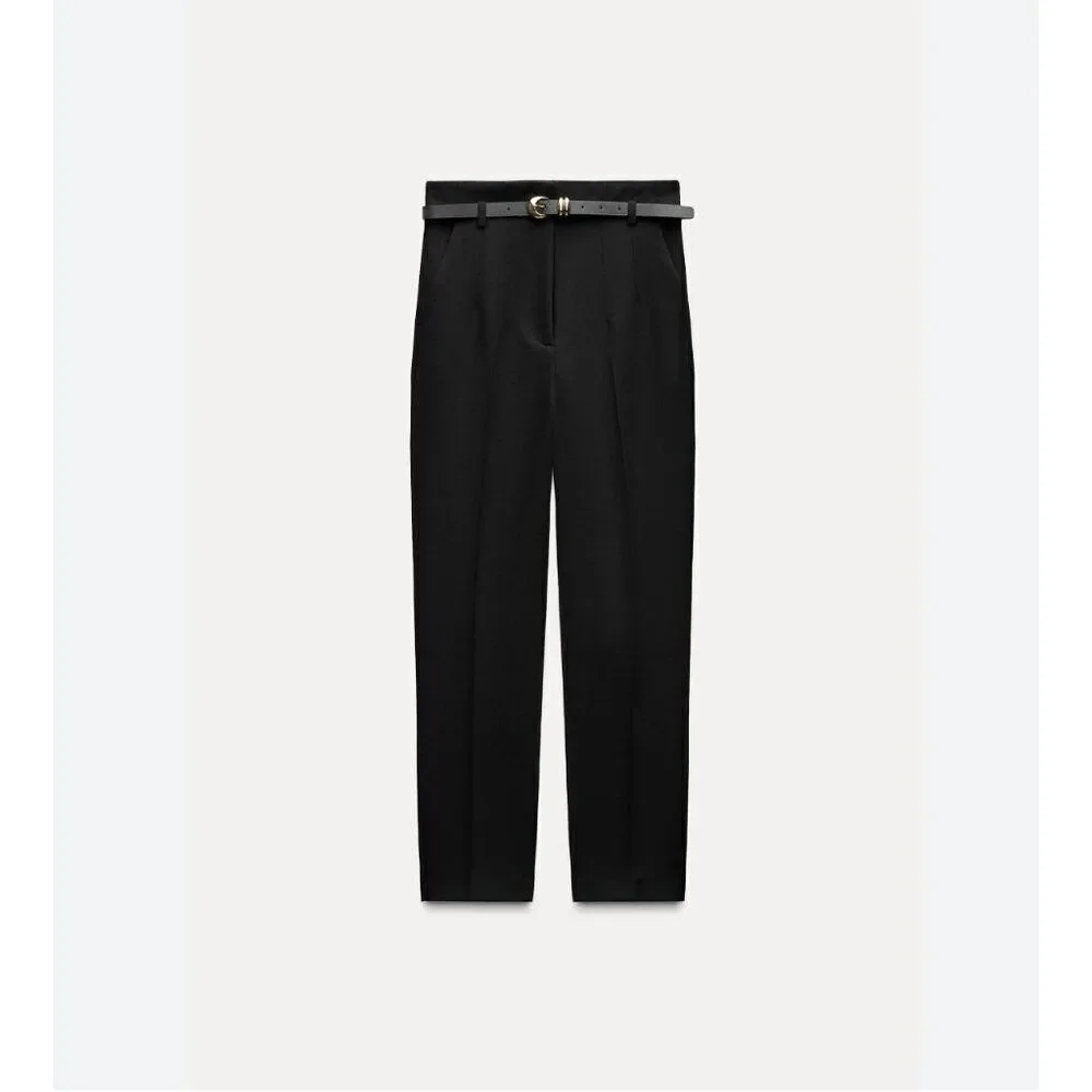 Zara Womens High Waisted Pants Trousers Ankle S Black 9490/590 NWT no belt - Picture 2 of 15